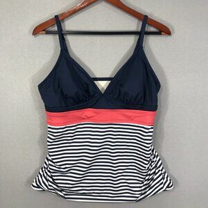 Merona Tankini Top Womens Large Blue White Striped Swimsuit V-Neck Padded Ruched
